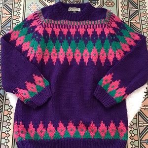 Vintage purple and pink 100% wool handmade sweater
